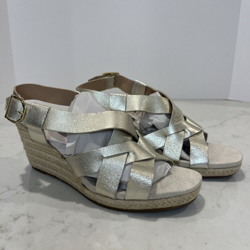Cole Haan NWOB Crystal Espadrille Wedge Sz 5.5 Silver Casual Sandals Grand 360
